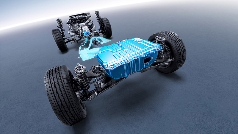 Grafisk illustration som visar hur Subarus boxermotor arbetar tillsammans med en elmotor – för att ge effektiv kraftöverföring, lägre utsläpp och förbättrad bränsleekonomi.