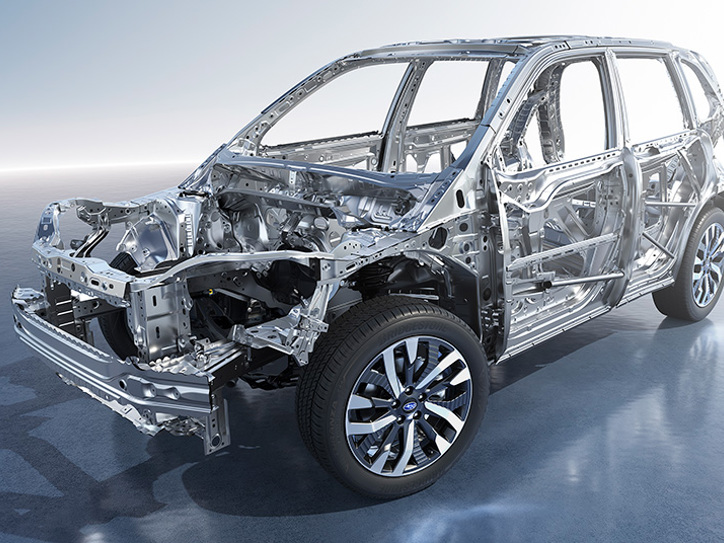 Illustration av Subaru Foresters säkerhetsbur som visar bilens förstärkta struktur för ökad krocksäkerhet.
