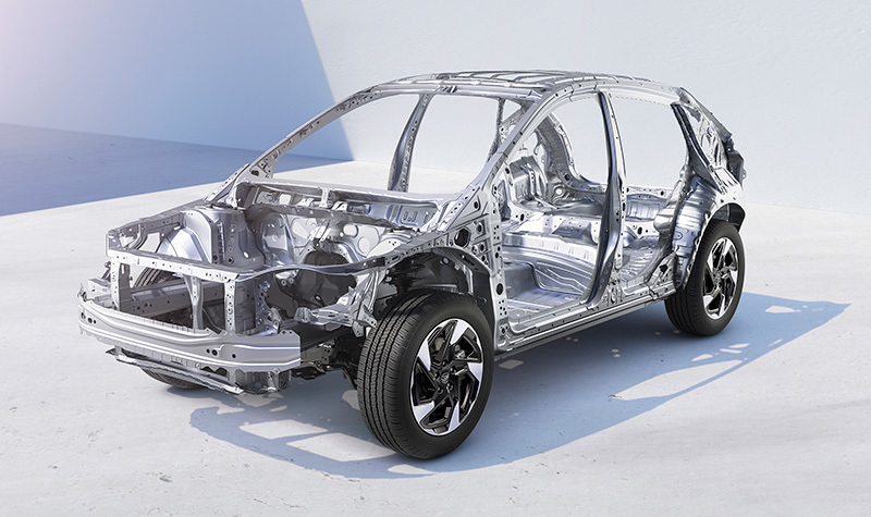 Illustration av Subaru Crosstreks säkerhetsbur som visar strukturen för ökad krocksäkerhet.