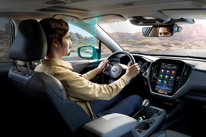 Rutnätet visar hur Subarus ansiktsigenkänningskamera läser av förarens blick och position – för att varna vid ouppmärksamhet eller trötthet i realtid.