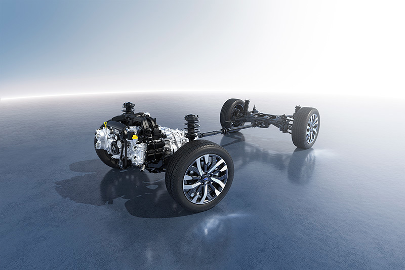 Illustration av Subarus Lineartronic CVT-automatlåda med fokus på komponenter och kraftöverföring.