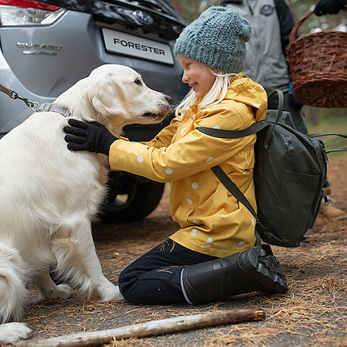 Bakom en Subaru Forester i regnigt väder sitter en flicka i gul regnjacka på knä och gosar med sin golden retriever.