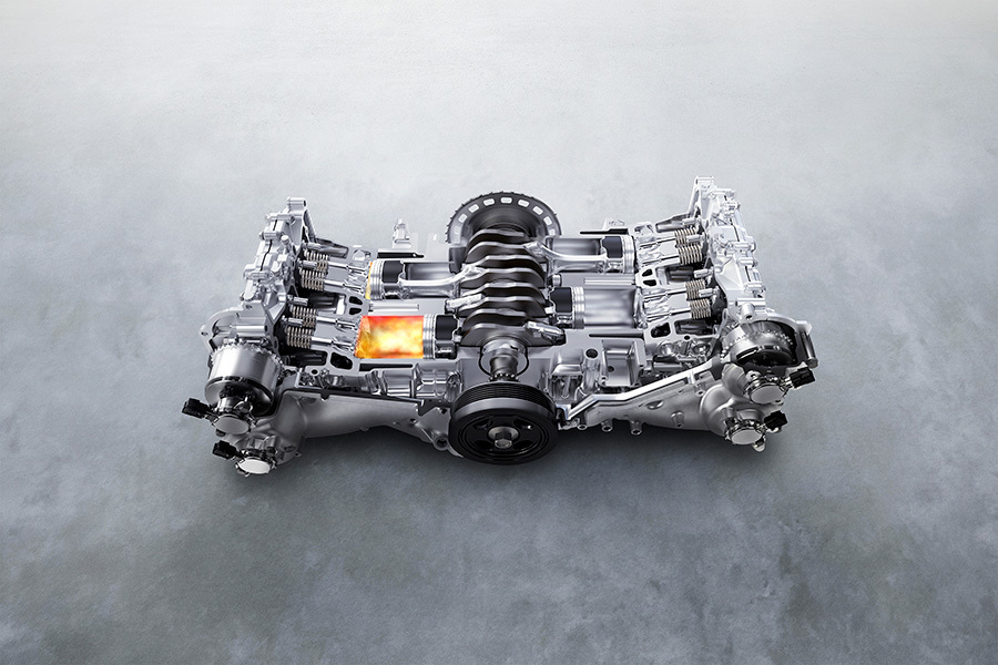 Illustration av Subarus boxermotor med horisontellt liggande, motriktade kolvar.