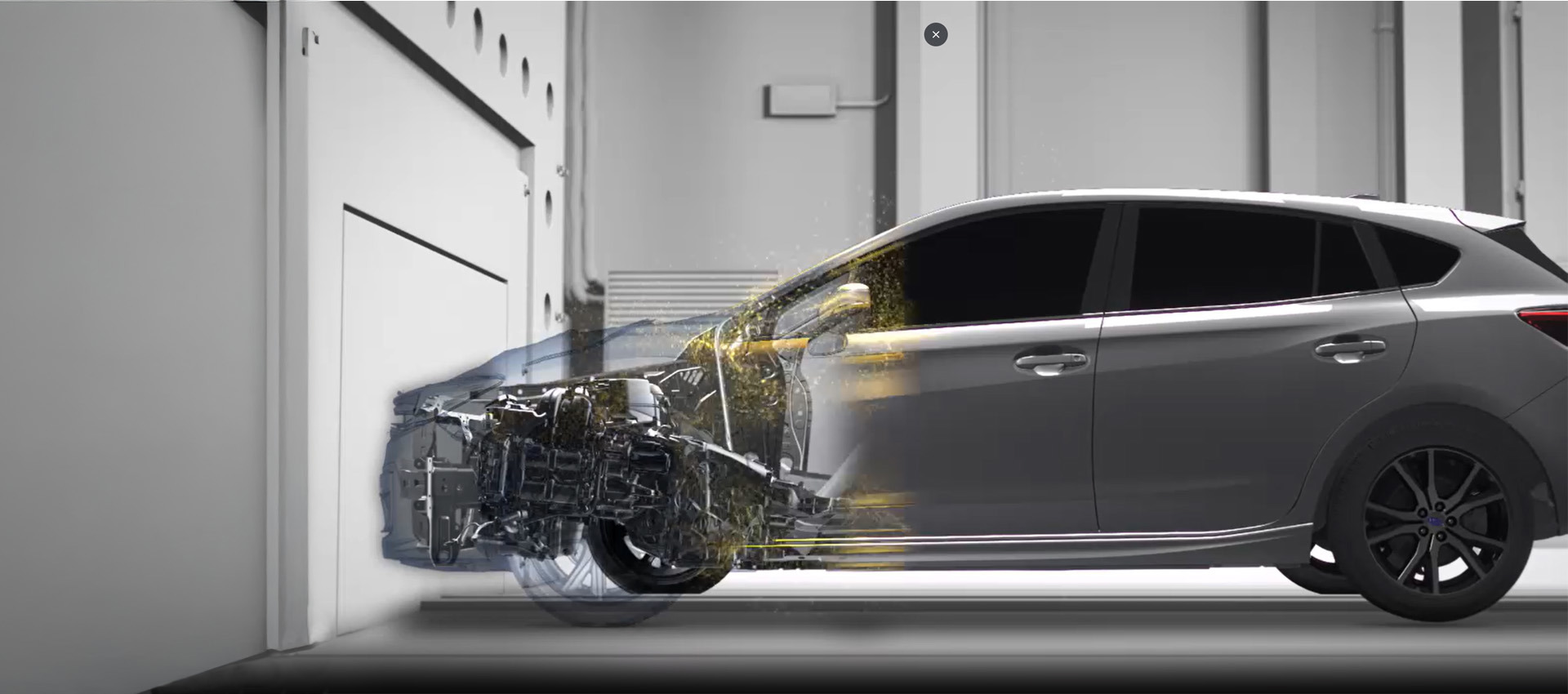 Krocktest av Subaru – bilen kör kontrollerat mot en vägg för att bevisa sin höga krocksäkerthet, skyddande säkerhetsbur och avancerade passiva skyddssystem.